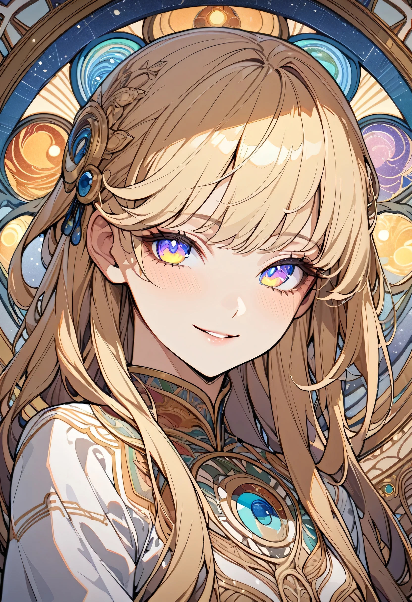 Highest quality, masterpiece, girl, Mysterious Smile, Detailed skin texture, Detailed cloth texture, Detailed face, Detailed Hair, Super Detail, 8k, Intricate details, 1人のgirl, Military Girl, Brightly colored dress, High resolution eyes, Mystical Eyes, Rainbow Eyes, blonde, Circle of Light, Art Nouveau,
