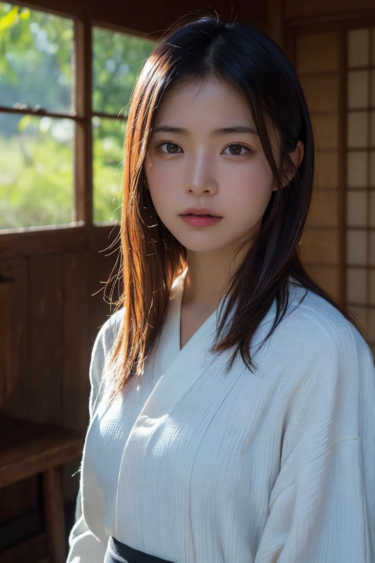 (Highest quality:1.4),(masterpiece:1.4),(Realistic:1.4),(Realistic:1.2),(超High resolution, RAW Photos:1.4),(High resolution, Ultra-detailed:1.2),(8k:1.2),Cinematic photography,a photo of a dark-haired,One girl,alone,wear ,((Japanese female warrior))、((Upper Body:1.3))