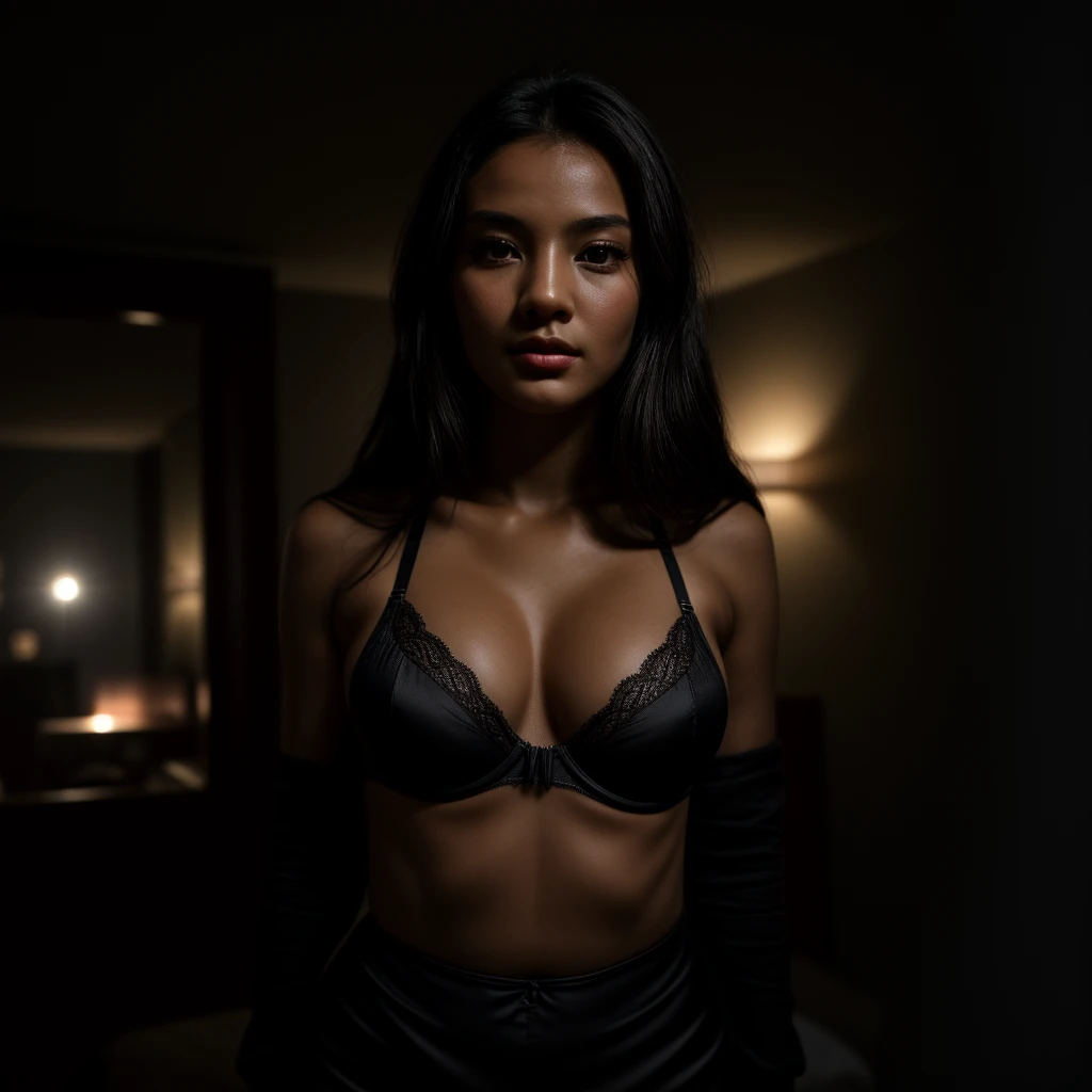 (Masterpiece 8k, best qualityer:1.3), Photography in Medium Shot ((Close-up aproximado, Zoom)), top - down photo, facing the front, front-facing, emphasis on bra. ultra-high detailed, absurderes, 1womanl, 20 years old, long black hair, silk bra and skirt, fair brown-skinned, perfect complexion, perfect facial features, Absolute symmetry, shapely body, breasts big, huge ass , SFW, Poor lighting, atmospheric light hotel room, underground dispersal, quixel megascan