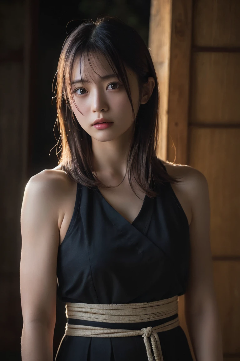 (Highest quality:1.4),(masterpiece:1.4),(Realistic:1.4),(Realistic:1.2),(超High resolution, RAW Photos:1.4),(High resolution, Ultra-detailed:1.2),(8k:1.2),Cinematic photography,a photo of a dark-haired,One girl,alone,wear ,((Japanese female warrior))、((Upper Body:1.3))