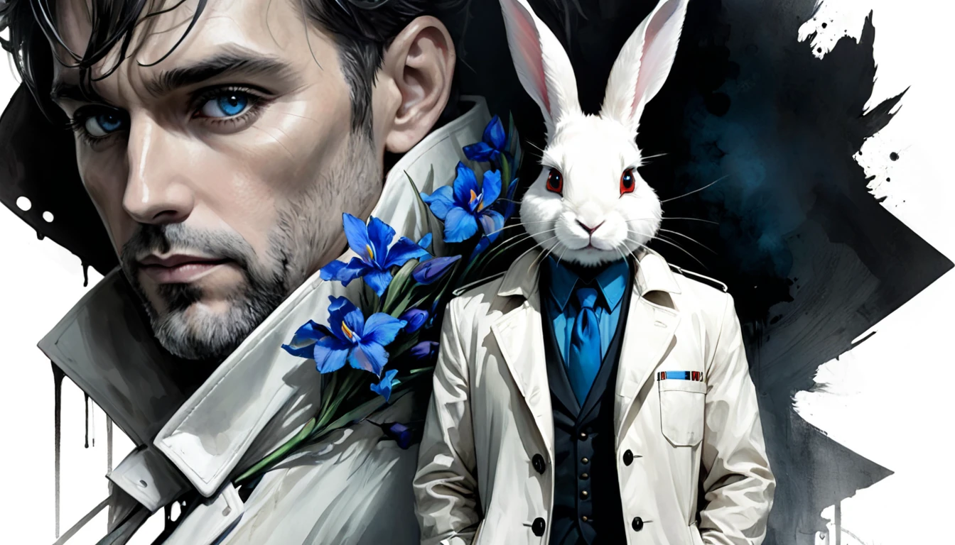 Painting of a man with a white rabbit head in a white trench coat, russ mills, by Ben Templesmith, inspired by Santiago Caruso, inspired by ashley wood, ashley wood illustration, from the sandman netflix show, stern looking rabbit in a lab coat, inspired by Stephen Gammell, eric lacombe, shawn coss, stephen gammell style, inspirational artwork, big bulging bloodshot rabbit eyes with blue irises, The rabbit man looks old but strong almost like an old military veteran