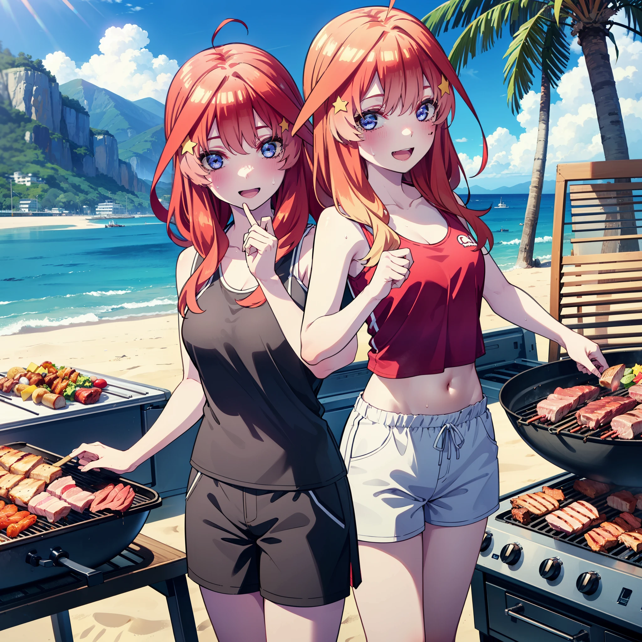 itsukinakano, Itsuki Nakano, bangs, blue eyes, Hair between the eyes, Ahoge, Redhead, star \(symbol\), hair ornaments, star hair ornaments,Baseball hats,happy smile, smile, Open your mouth,Red Tank Top,Belly button,Shorts,barefoot,Sweat,Beach,barbecue,cooking,Grilled meat,barbecue,Grilling meat,eating meat,Grilled meat,Palm tree,True Summer,Daytime,Clear skies,
break indoors, Beach,Sandy Beach,
break looking at viewer, (Cowboy Shot:1.5),
break (masterpiece:1.2), Highest quality, High resolution, unity 8k wallpaper, (figure:0.8), (Beautiful attention to detail:1.6), Highly detailed face, Perfect lighting, Highly detailed CG, (Perfect hands, Perfect Anatomy),