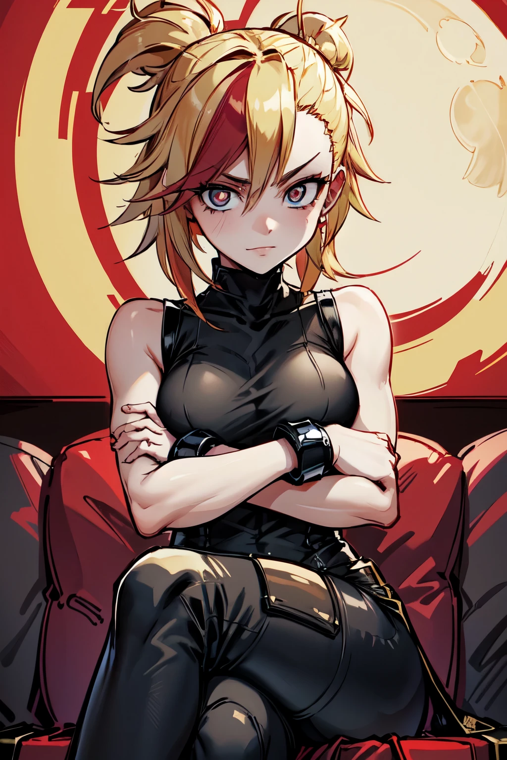 (masterpiece, best quality:1.2), red glowing eyes, red eyes, the eyes are red, perfect face, strong make up, highres, 1 girl, ultra long ponytail, (female:1.5), strife, blonde hair streaked with lots of red highlights, two colors hair (blond and red), hight flame mistress outfit, shoulder armor, sleeveless turtleneck, suspenders, belt, gloves, bracer pre potent smile, crossing legs, crossing arms , evil smile, evil pose, sitting, portrait, looking at viewer,  Her hair is streaked with lots red and blonde highlights, moon tribal tattoo.