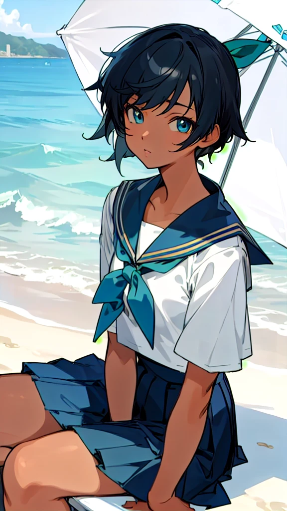 Anime Characters Tan Skin,Short black hair, Sit on the seaside, masterpiece, Highest quality, Detailed skin, Detailed eyes, Light blue eyes,8k, Good shading, Detailed Background, Excellent anatomy 、Sailor suit with green ribbon、Black sailor suit collar、Black pleated skirt