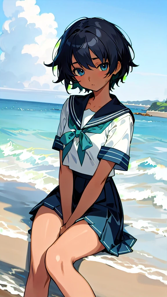 Anime Characters Tan Skin,Short black hair, Sit on the seaside, masterpiece, Highest quality, Detailed skin, Detailed eyes, Light blue eyes,8k, Good shading, Detailed Background, Excellent ??????? 、Sailor suit with green ribbon、Black sailor suit collar、Black pleated skirt