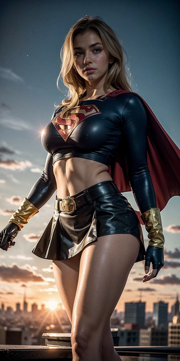 masterpiece, best quality, 1girl, supergirl,long hair,blonde hair,bodysuit,breasts,cape,belt,medium breasts,superhero,gloves,lips,black bodysuit,belt buckle, curvy, toned, large breasts, ((cleavage)), narrow waist, ((midriff visible)), short red skirt, realistic, 3d, sunset in sky, cityscape, gotham city background