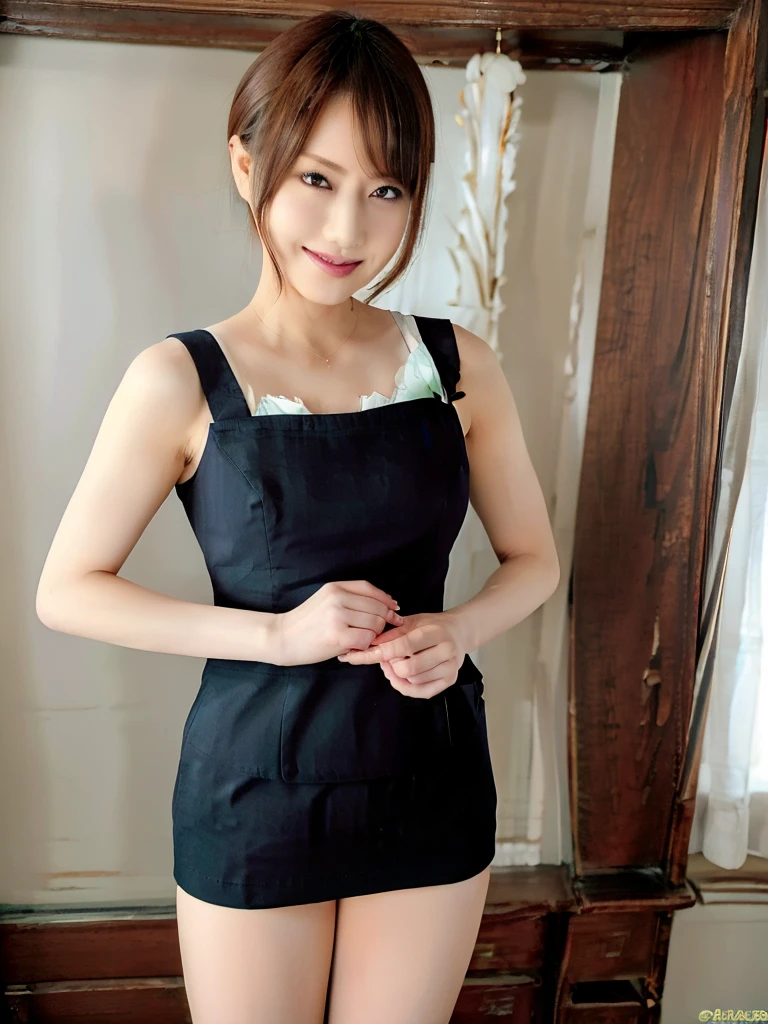 Highest quality、masterpiece、8k、Very detailed、Realistic、Looking at me with a smile、whole body、Black Hair、Short Hair、Small face、Slender、Big Breasts、Thin and beautiful legs、narrow and constricted waist,、Victorian maid clothes
