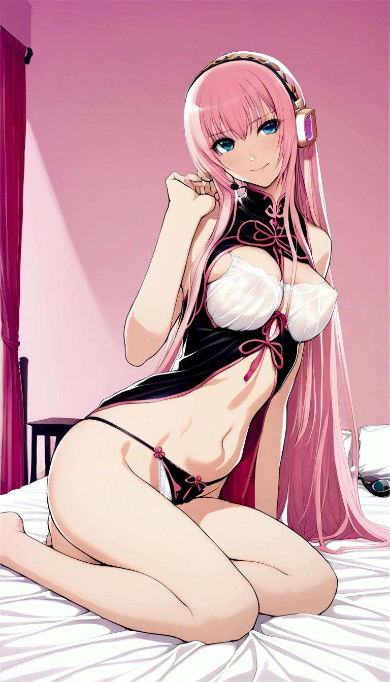masterpiece,Beautiful adult woman ,Megurine Luka,E cup breasts,Pink long hair,blue eyes,headphone,Chinese clothing,smile,Seduce by showing sexy panties,sit,Bedroom,