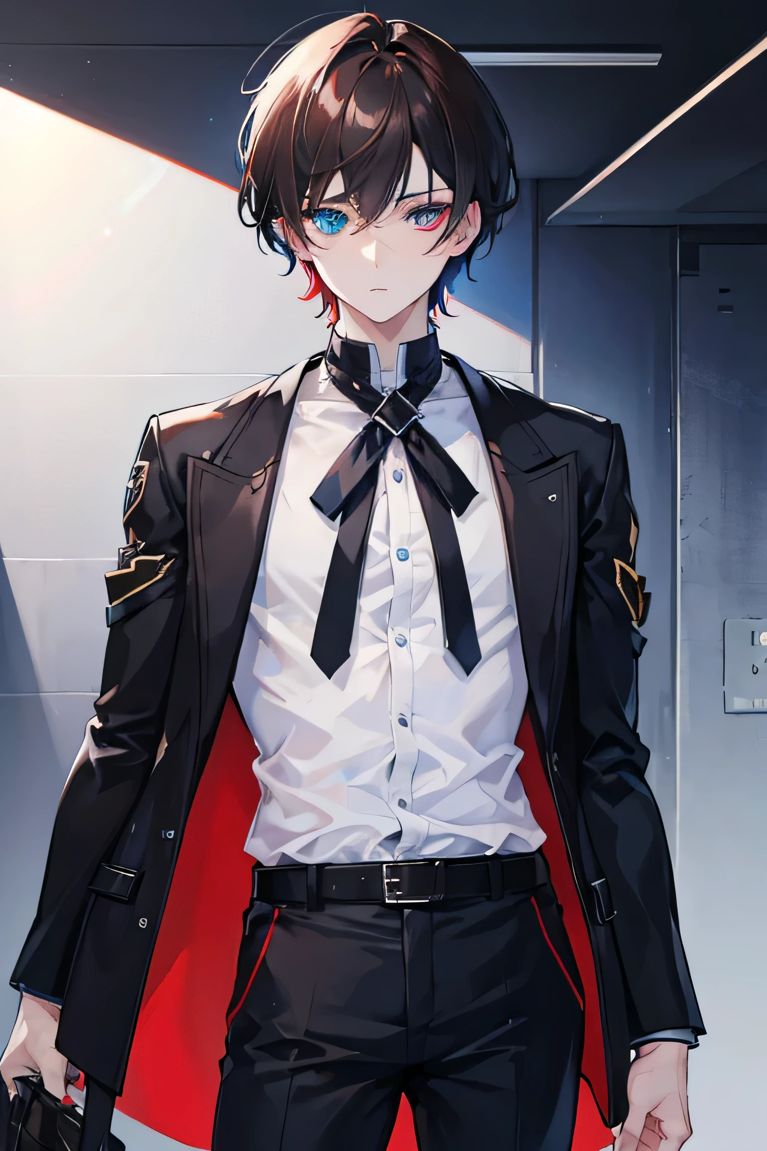 1boy, blue eye, red eye, heterochromia, short brown hair, black and blue outfit., pale skin, beautiful, high res, 8k, pants, shirt, jacket covered, colorful, full covered.  sun background