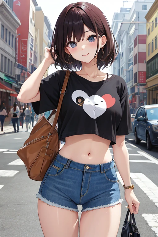 beautiful girl、In town、Denim hot pants、Belly-baring T-shirt