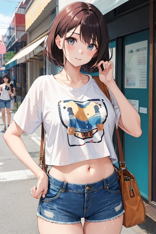 beautiful girl、In town、Denim hot pants、Belly-baring T-shirt