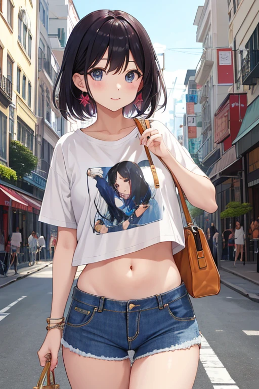 beautiful girl、In town、Denim hot pants、Belly-baring T-shirt
