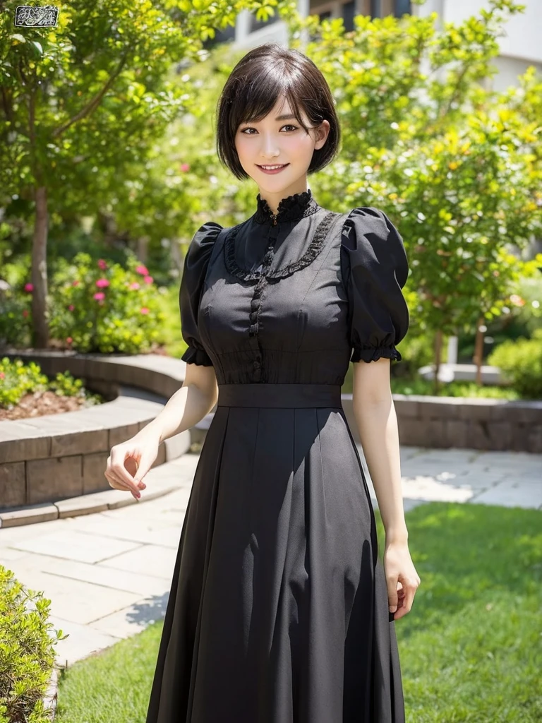 Highest quality、masterpiece、8k、Very detailed、Realistic、Looking at me with a smile、whole body、Black Hair、Short Hair、Small face、Slender、Big Breasts、Thin and beautiful legs、narrow and constricted waist,、Victorian maid clothes