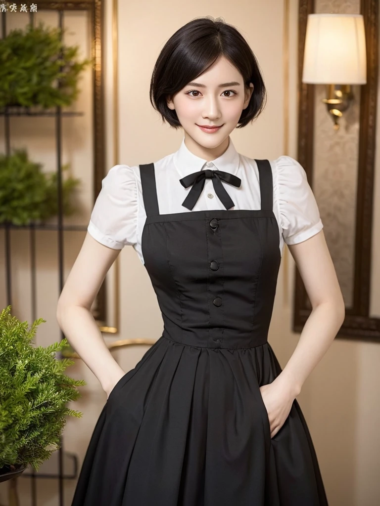 Highest quality、masterpiece、8k、Very detailed、Realistic、Looking at me with a smile、whole body、Black Hair、Short Hair、Small face、Slender、Big Breasts、Thin and beautiful legs、narrow and constricted waist,、Victorian maid clothes