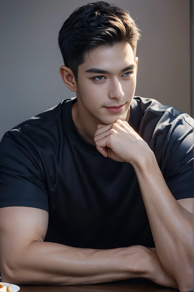 (Create a masterpiece:1.2),(CGI art:1.3),(realistic:1.5),(After processing:1.3),(Sharp focus:1.3),1 man ,(black hair) ,smile,(Wear color navy round neck T-shirt), (with a Police badge:1.3),Navy blue jeans,Korean guy,korean men,(High gloss details),chest muscles,large arm muscles,blood vessel,Big muscles,Broad shoulders,looking at the audience,Balancing the eyes,(Lind has a dining table:1.3),