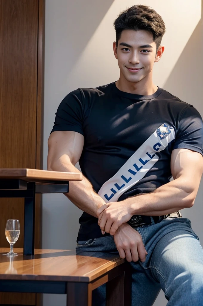 (Create a masterpiece:1.2),(CGI art:1.3),(realistic:1.5),(After processing:1.3),(Sharp focus:1.3),1 man ,(black hair) ,smile,(Wear color navy round neck T-shirt), (with a Police badge:1.3),Navy blue jeans,Korean guy,korean men,(High gloss details),chest muscles,large arm muscles,blood vessel,Big muscles,Broad shoulders,looking at the audience,Balancing the eyes,(Lind has a dining table:1.3),