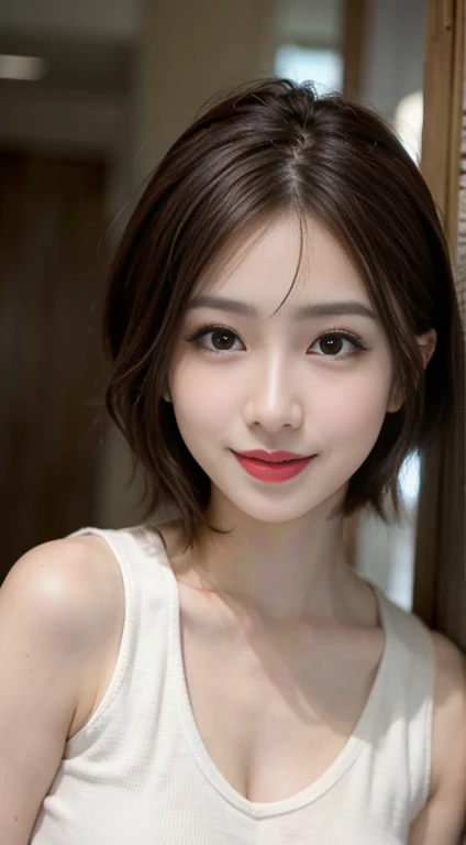 blush a little and smile, (Top quality masterpiece:1.2) Delicate illustrations, Very detailed, /Beautiful Japanese Woman、1 person,Very cute and slim、Great style 、((8k images、super high quality))、Very delicate face, Skin and Hair、Big Breasts、beautifule forehead、Red lipstick、(((((short hair、Light brown hair、Lure))))),Very cute Japanese cut face、Eyes and nose are clearly visible、Kind eyes,((((White sleeveless fashion))))