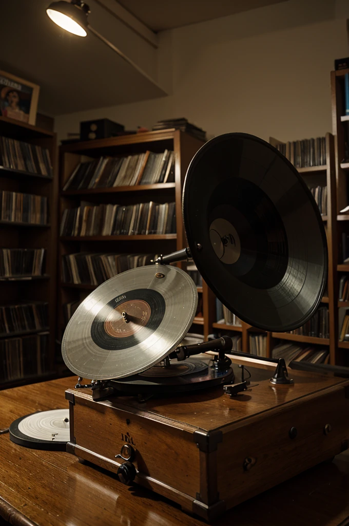 A phonograph with an acetate record, in a library, rainy day,