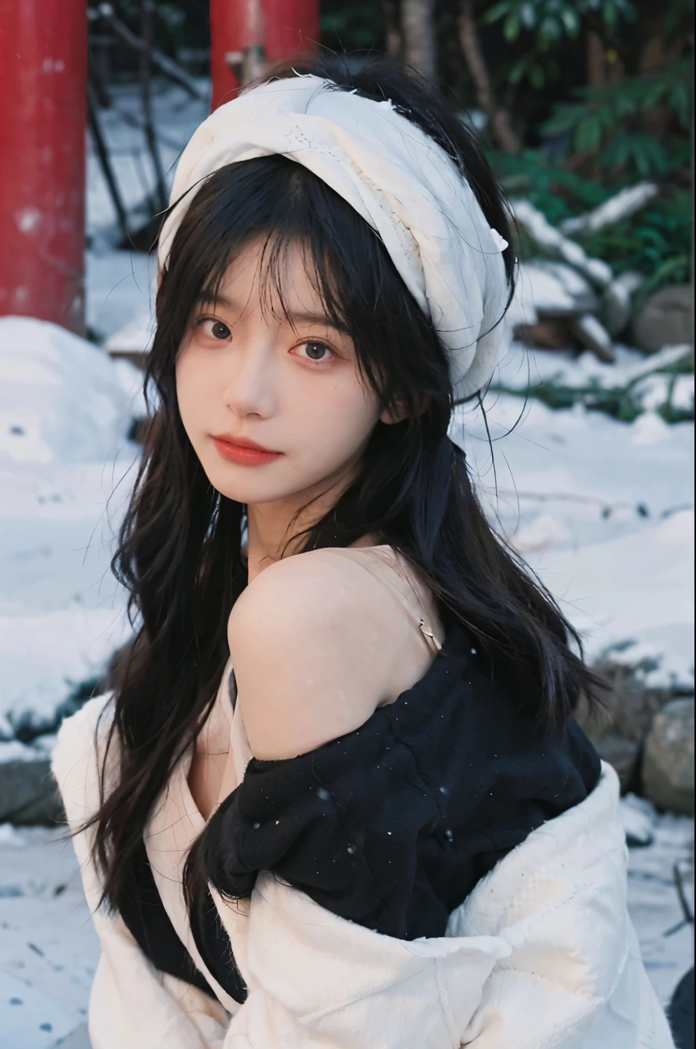 Portrait photography，1 girl，Snow Scene，Snowing background，Push-up non-slip tube top ，（whole body：1.4），Lipstick，(Big Breasts:1.4)，Headband，serene，calm，(Realistic and detailed eyes，Natural skin texture，Realistic facial details)，