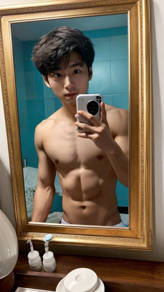 Cute little Korean guy takes off his shirt and takes a selfie in front of the mirror.