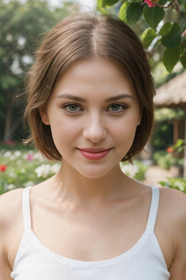 ((Closeup of sexy muse girl in front of Guangdong flower garden, wear new white women's sleeveless t-shirt)),details of her face and skin, sharp focus on her face, perfect lighting on her face, short hair, bangs, (High nose)), (red lips, white teeth), ((small breats)), (blue eyes:1,6), ((dimpled smile:1,6 )),((sharp focus on her face)), Looking at the audience