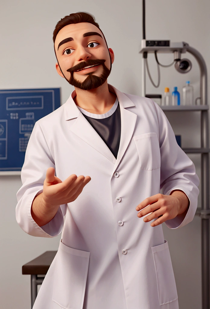 doctor in a lab coat, bearded, friendly, smiling