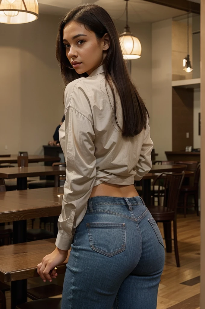 Photo of light skinned woman with dark hair, wearing jeans and a long shirt and has a thick body, at a restaurant table, Instagram style, don't show hands, from behind, side profile