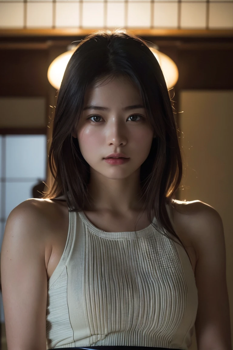 (Highest quality:1.4),(masterpiece:1.4),(Realistic:1.4),(Realistic:1.2),(超High resolution, RAW Photos:1.4),(High resolution, Ultra-detailed:1.2),(8k:1.2),Cinematic photography,a photo of a dark-haired,One girl,alone,wear ,((Japanese female warrior))、((Upper Body:1.3))、Raise your arms to show your sides