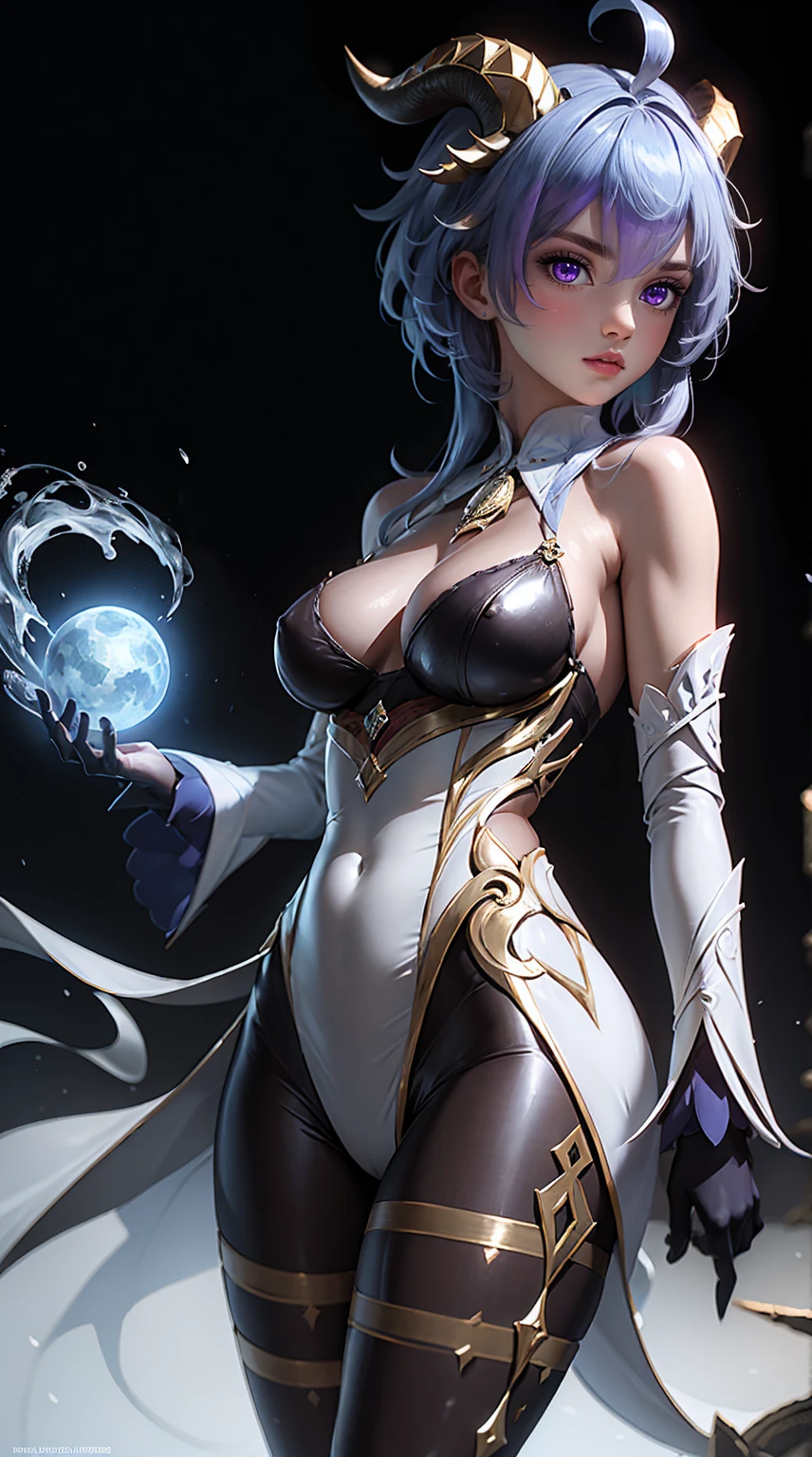 8K, Ultra High Definition, Super detailed, Shiny detailed hair, detailed face, fantasy landscape, solo, looking at viewer, {{best quality}}, {{masterpiece}}, {{ultra-detailed}}, {detailed light}, ultra high quality eyes, detailed eyes, perfect eyes, large eyes, purple eyes, blue hair, short hair, horns, beautiful, skinny body, white skin, slutty, erotic, blushing, standing in suggestive pose