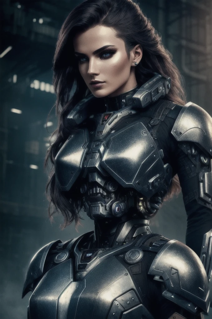 a beautiful woman cyborg warrior in the Style-RustMagic, cyberpunk augmentation, cyberware, cyborg, carbon fiber, chrome, implants, metal skull, cyber plate armor, (dark atmosphere:1.2), (fog & smoke), (dark night:1.3), scars, (dark medium length disheveled hair:1.1), (eyeshadow:1.1), (beautifully detailed glow:1.2), (Cinematic lighting), intricate detail, highres, rounded eyes, detailed facial features, sharp focus, smooth, aesthetic, detailed dark industrial factory background, stylish pose, dynamic pose, (dramapaint), (opt-6000:0.9)