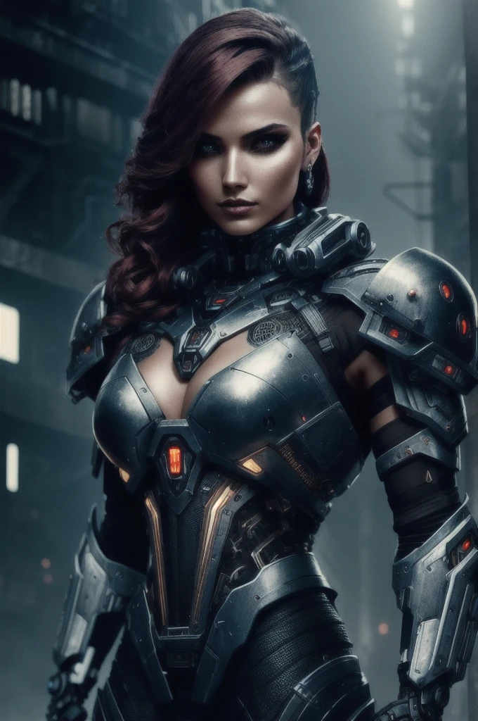 a beautiful woman cyborg warrior in the Style-RustMagic, cyberpunk augmentation, cyberware, cyborg, carbon fiber, chrome, implants, metal skull, cyber plate armor, (dark atmosphere:1.2), (fog & smoke), (dark night:1.3), scars, (dark medium length disheveled hair:1.1), (eyeshadow:1.1), (beautifully detailed glow:1.2), (Cinematic lighting), intricate detail, highres, rounded eyes, detailed facial features, sharp focus, smooth, aesthetic, detailed dark industrial factory background, stylish pose, dynamic pose, (dramapaint), (opt-6000:0.9)