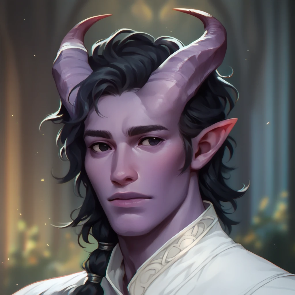 (((beautiful, high quality))), portrait, score_9, score_8_up, score_7_up, Tiefling, pointed ears, horns, colored sclera, 1man, purple skin, black hair, black eyes, white shirt, fantasy background, blurred background