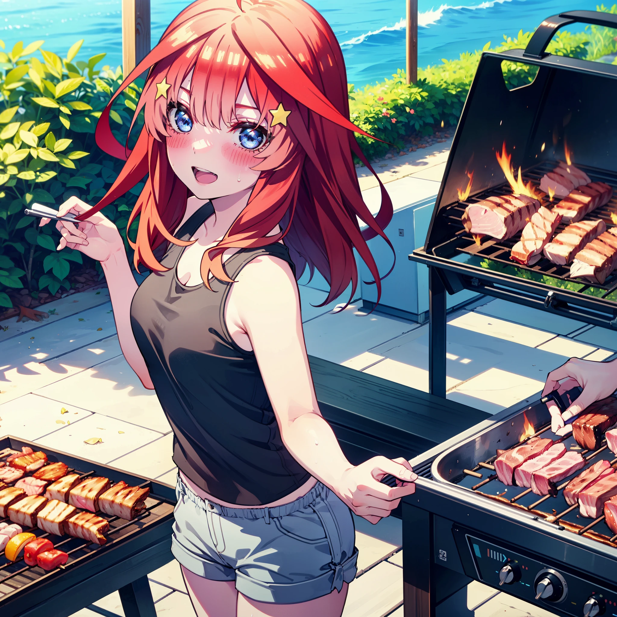 itsukinakano, Itsuki Nakano, bangs, blue eyes, Hair between the eyes, Ahoge, Redhead, star \(symbol\), hair ornaments, star hair ornaments,Baseball hats,happy smile, smile, Open your mouth,Red Tank Top,Belly button,Shorts,barefoot,Sweat,Beach,barbecue,cooking,Grilled meat,barbecue,Grilling meat,eating meat,Grilled meat,Palm tree,True Summer,Daytime,Clear skies,
break indoors, Beach,Sandy Beach,
break looking at viewer, (Cowboy Shot:1.5),
break (masterpiece:1.2), Highest quality, High resolution, unity 8k wallpaper, (figure:0.8), (Beautiful attention to detail:1.6), Highly detailed face, Perfect lighting, Highly detailed CG, (Perfect hands, Perfect Anatomy),