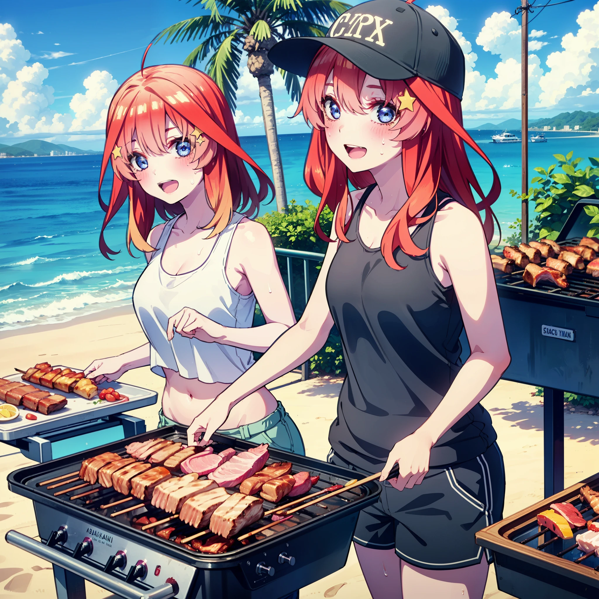 itsukinakano, Itsuki Nakano, bangs, blue eyes, Hair between the eyes, Ahoge, Redhead, star \(symbol\), hair ornaments, star hair ornaments,Baseball hats,happy smile, smile, Open your mouth,Red Tank Top,Belly button,Shorts,barefoot,Sweat,Beach,barbecue,cooking,Grilled meat,barbecue,Grilling meat,eating meat,Grilled meat,Palm tree,True Summer,Daytime,Clear skies,
break indoors, Beach,Sandy Beach,
break looking at viewer, (Cowboy Shot:1.5),
break (masterpiece:1.2), Highest quality, High resolution, unity 8k wallpaper, (figure:0.8), (Beautiful attention to detail:1.6), Highly detailed face, Perfect lighting, Highly detailed CG, (Perfect hands, Perfect Anatomy),