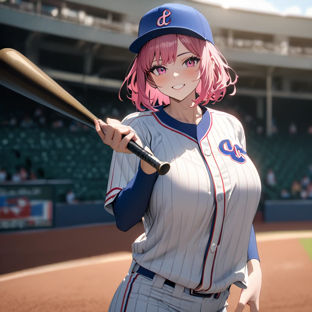 A woman wearing a baseball uniform, white shirt with a blue stripe, white sports shorts with a blue stripe, sports shoes, on a baseball field, holding a baseball bat, hot pink hair, gray bangs, multicolored hair, pink eyes, smiling, Big breasts, wearing a blue sports hat, standing upright(solo woman) ,UHD , prime work , accurate , anatomically correct , textured skin , super details , high quality , best quality, 8k, high resolution, bokeh effect,
