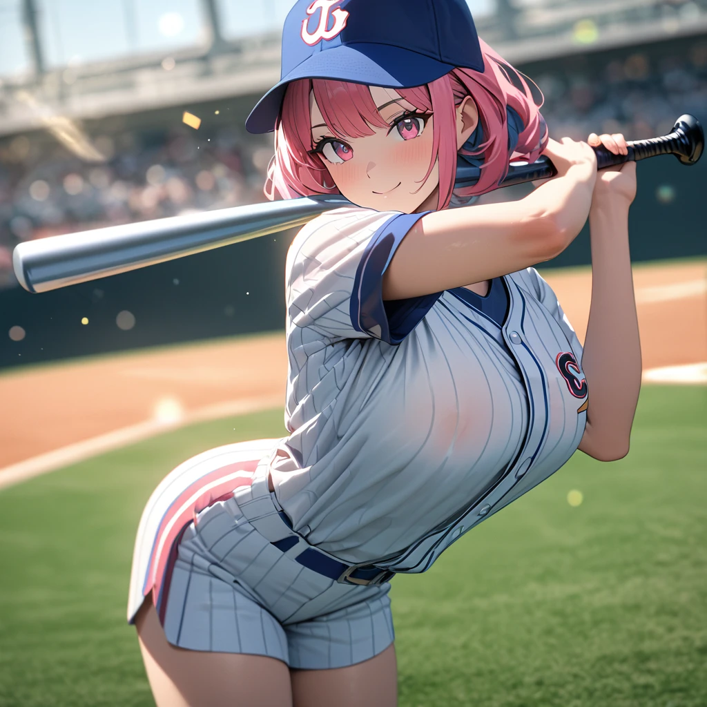 A woman wearing a baseball uniform, white shirt with a blue stripe, white sports shorts with a blue stripe, sports shoes, on a baseball field, holding a baseball bat, hot pink hair, gray bangs, multicolored hair, pink eyes, smiling, Big breasts, wearing a blue sports hat, standing upright(solo woman) ,UHD , prime work , accurate , anatomically correct , textured skin , super details , high quality , best quality, 8k, high resolution, bokeh effect,
