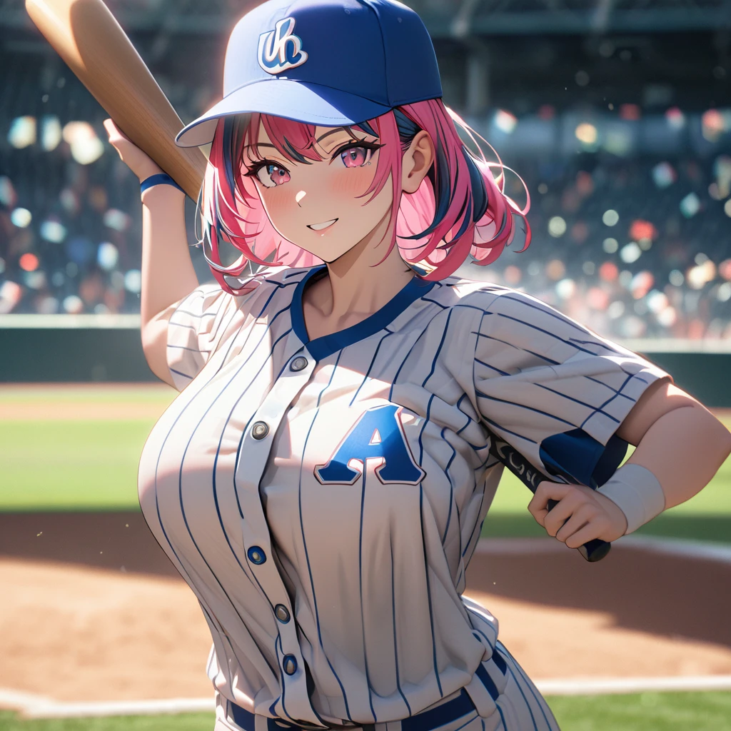 A woman wearing a baseball uniform, white shirt with a blue stripe, white sports shorts with a blue stripe, sports shoes, on a baseball field, holding a baseball bat, hot pink hair, gray bangs, multicolored hair, pink eyes, smiling, Big breasts, wearing a blue sports hat, standing upright(solo woman) ,UHD , prime work , accurate , anatomically correct , textured skin , super details , high quality , best quality, 8k, high resolution, bokeh effect,
