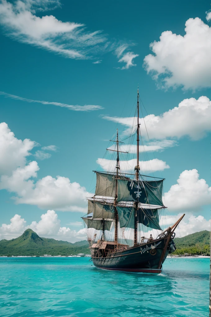 Illustration of a vivid tropical scene featuring a pirate ship with black sails and skull and crossbones symbols docked near a lush, green island. The island has traditional thatched-roof huts and wooden piers extending into the turquoise waters. Palm trees are scattered along the coast, with boats floating near the docks, and the background has dramatic, cloud-filled skies over green mountainous landscapes. The overall scene is colorful and detailed, evoking a sense of adventure.