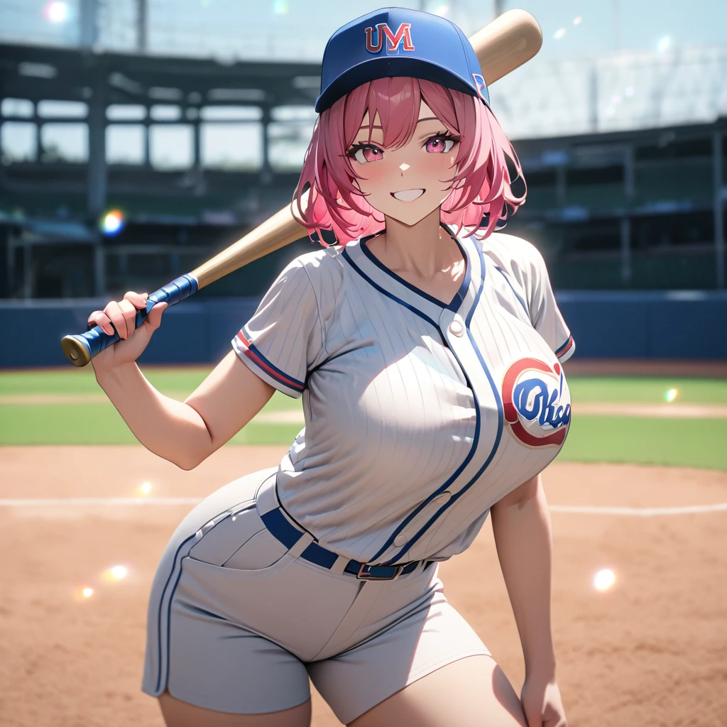 A woman wearing a baseball uniform, white shirt with a blue stripe, white sports shorts with a blue stripe, sports shoes, on a baseball field, holding a baseball bat, hot pink hair, gray bangs, multicolored hair, pink eyes, smiling, Big breasts, wearing a blue sports hat, standing upright(solo woman) ,UHD , prime work , accurate , anatomically correct , textured skin , super details , high quality , best quality, 8k, high resolution, bokeh effect,
