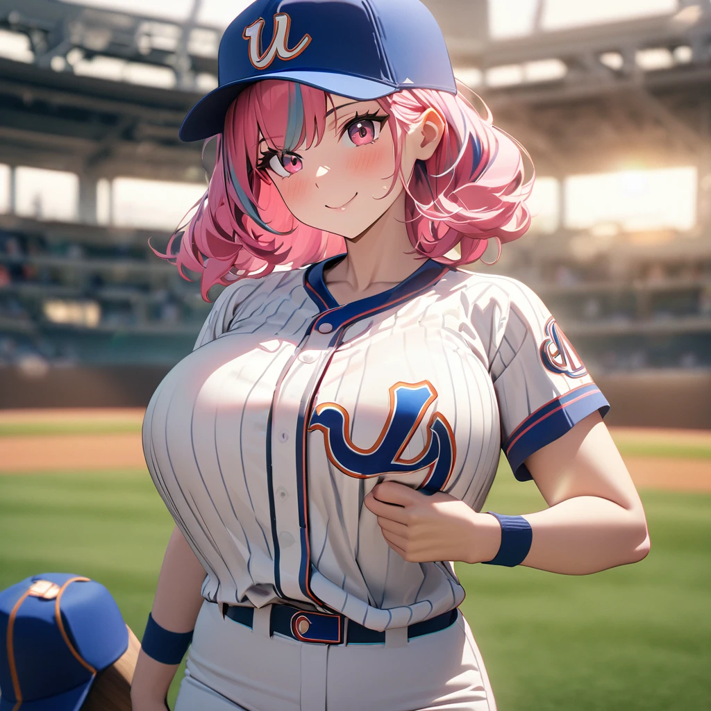 A woman wearing a baseball uniform, white shirt with a blue stripe, white sports shorts with a blue stripe, sports shoes, on a baseball field, holding a baseball bat, hot pink hair, gray bangs, multicolored hair, pink eyes, smiling, Big breasts, wearing a blue sports hat, standing upright(solo woman) ,UHD , prime work , accurate , anatomically correct , textured skin , super details , high quality , best quality, 8k, high resolution, bokeh effect,
