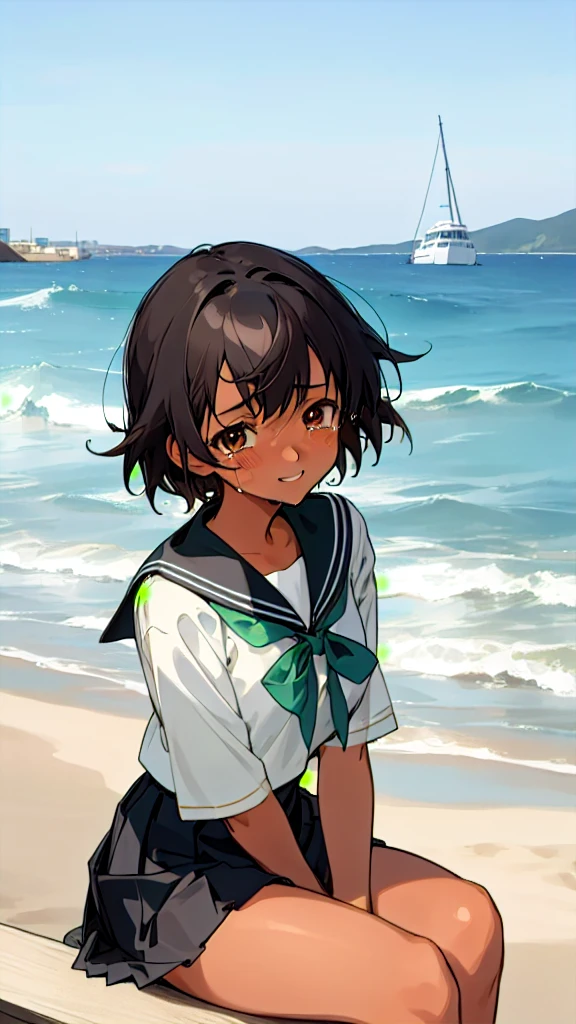 Anime Characters Tan Skin,Short black hair, Sit on the seaside, masterpiece, Highest quality, Detailed skin, Detailed eyes, Brown eyes,8k, Good shading, Detailed Background, Excellent anatomy 、Sailor suit with green ribbon、Black sailor suit collar、Black pleated skirt crying, smile,