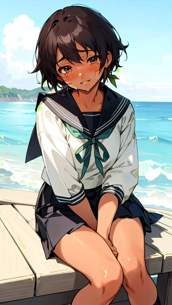 Anime Characters Tan Skin,Short black hair, Sit on the seaside, masterpiece, Highest quality, Detailed skin, Detailed eyes, Brown eyes,8k, Good shading, Detailed Background, Excellent anatomy 、Sailor suit with green ribbon、Black sailor suit collar、Black pleated skirt crying, smile, 