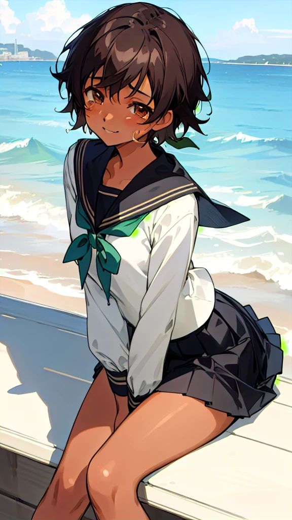 Anime Characters Tan Skin,Short black hair, Sit on the seaside, masterpiece, Highest quality, Detailed skin, Detailed eyes, Brown eyes,8k, Good shading, Detailed Background, Excellent anatomy 、Sailor suit with green ribbon、Black sailor suit collar、Black pleated skirt crying, smile,