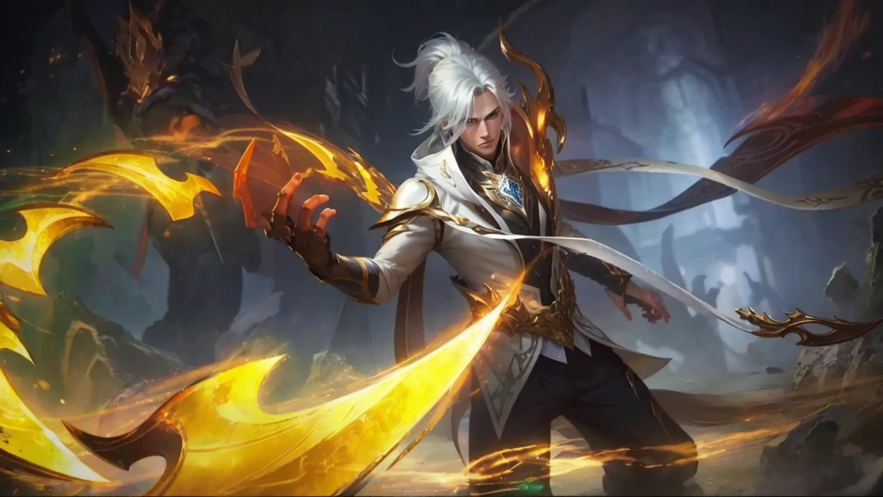 The picture shows the character of a handsome man with white hair, dressed in white and gold, holding a golden sword. She was surrounded by a magical aura and had an expression full of grace.