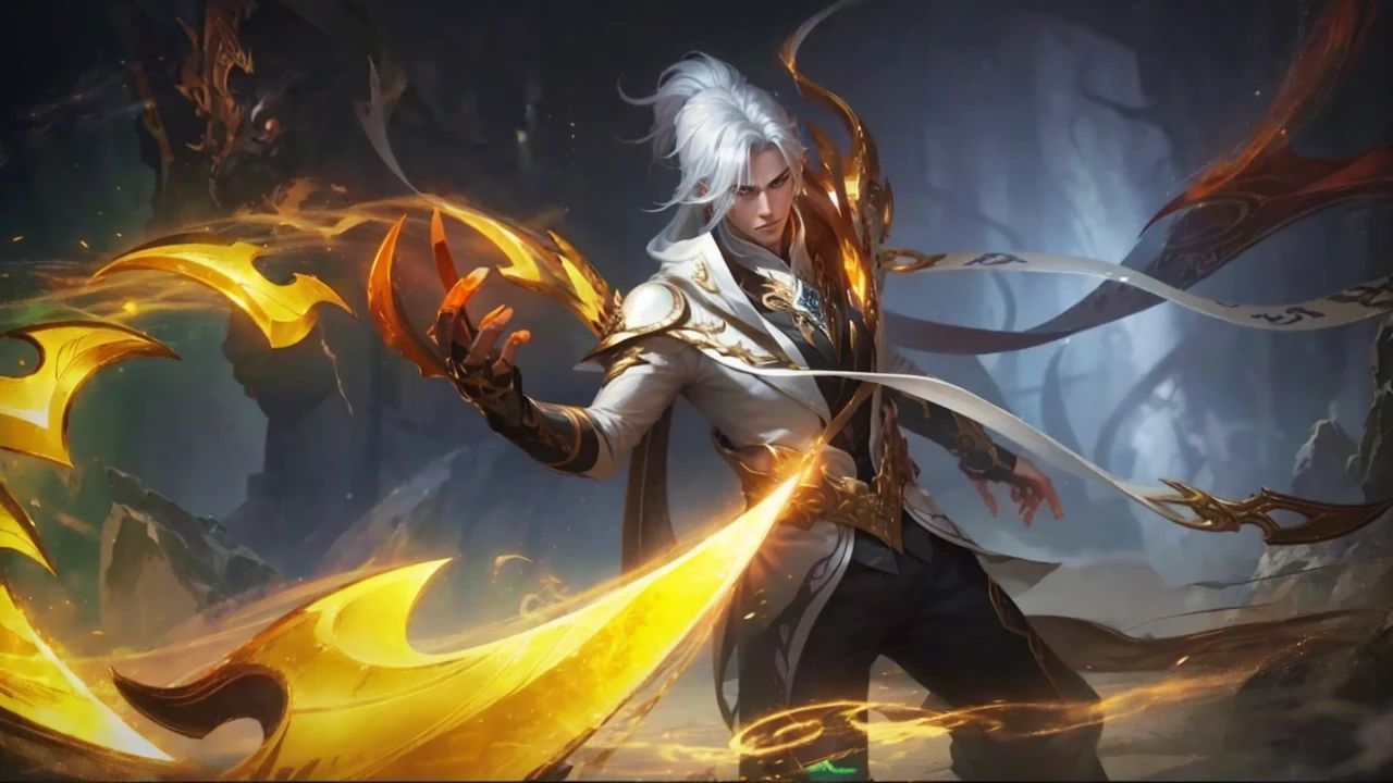 The picture shows the character of a handsome man with white hair, dressed in white and gold, holding a golden sword. She was surrounded by a magical aura and had an expression full of grace.