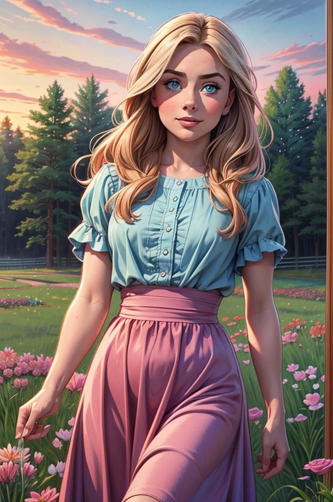 A colored pencil sketch of a beautiful swedish farm wife. crystal blue eyes. rosy complexion. full lips. Sabrina Carpenter. Sudectively dancing in a medow.