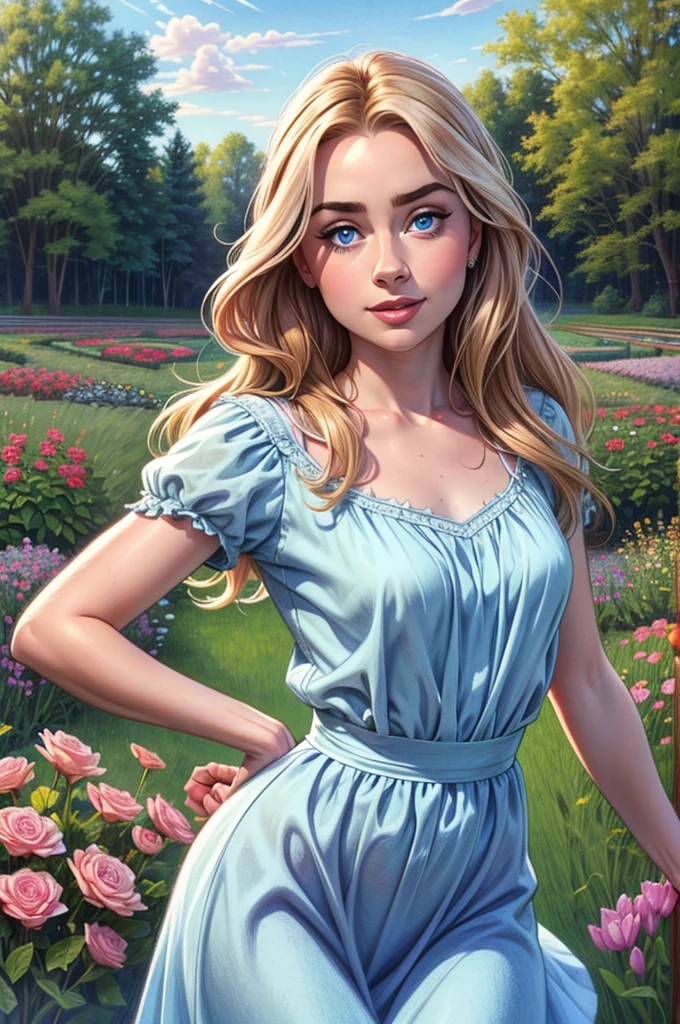 A colored pencil sketch of a beautiful swedish farm wife. crystal blue eyes. rosy complexion. full lips. Sabrina Carpenter. Sudectively dancing in a medow.