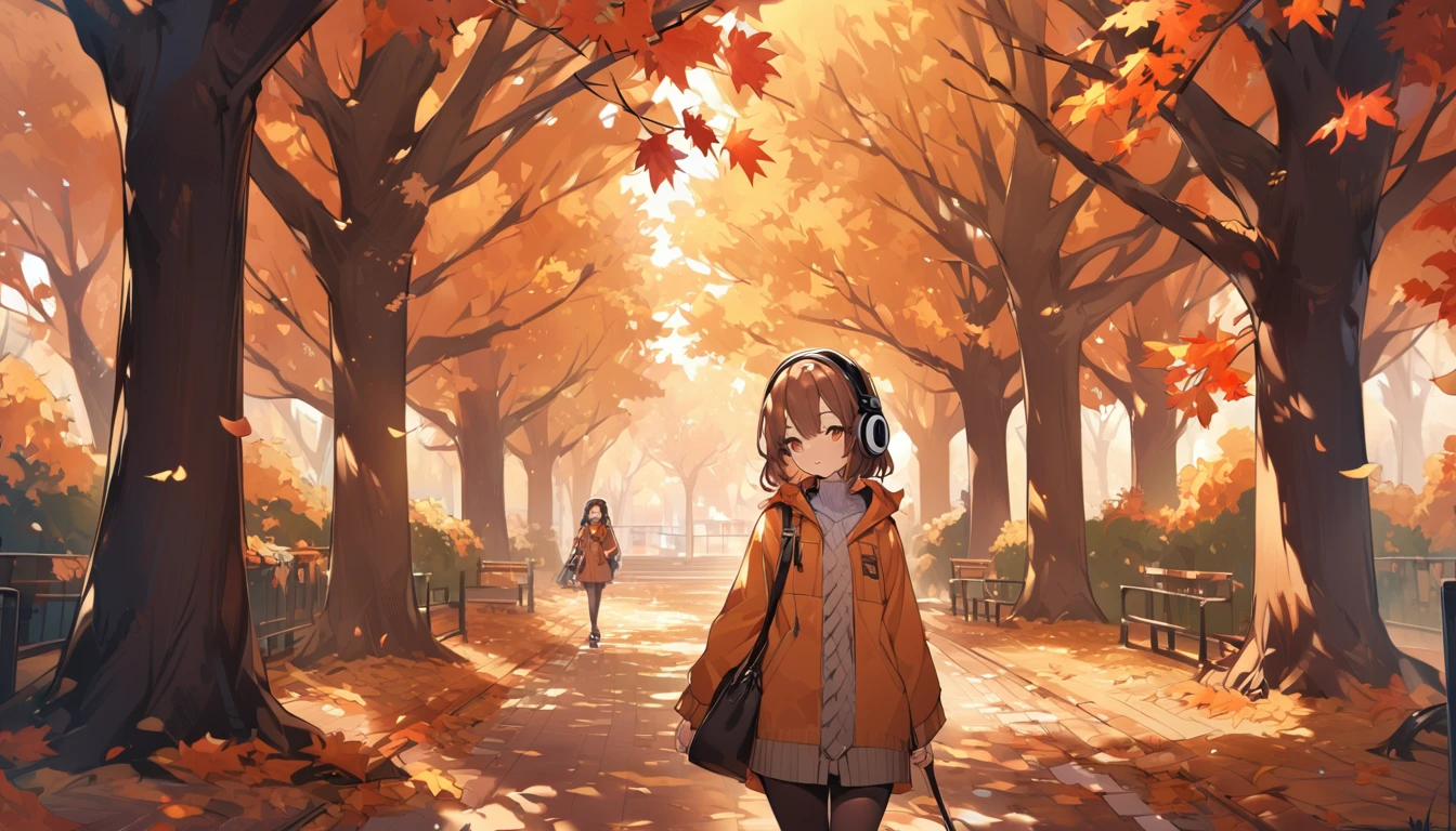 Girl wearing headphones。Brown Hair,1 person。bright。Detailed Background,In a park with beautiful autumn leaves、A girl walking through fallen leaves wearing headphones。