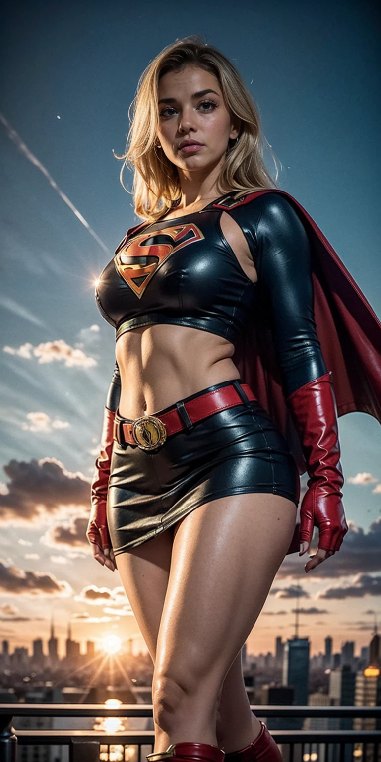 masterpiece, best quality, 1girl, supergirl,long hair,blonde hair,bodysuit,breasts,cape,belt,medium breasts,superhero,gloves,lips,blue bodysuit,belt buckle, curvy, toned, large breasts, ((cleavage)), narrow waist, ((midriff visible)), short red skirt, realistic, 3d, sunset in sky, cityscape, gotham city background, flying