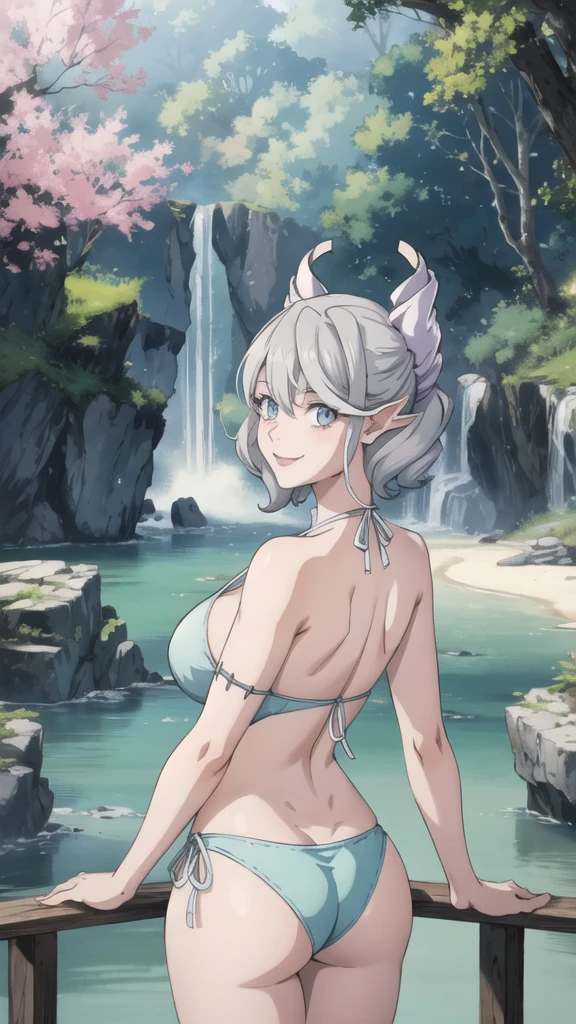 Waterfalls  High level image quality　best image quality　8K　 adult woman   background  a lake in the middle of jungle outside  more colors   whole body view　portrait　wearing bikini   　white horn    ears  　short hair（（shortcut）（gray hair）（perm）（fluffy））　eye color is blue ,  , 　attractive evil face , smile   ,  sexy pose   ,  labrynth ,  barearm   , wearing pink     , standing , view from back   ,